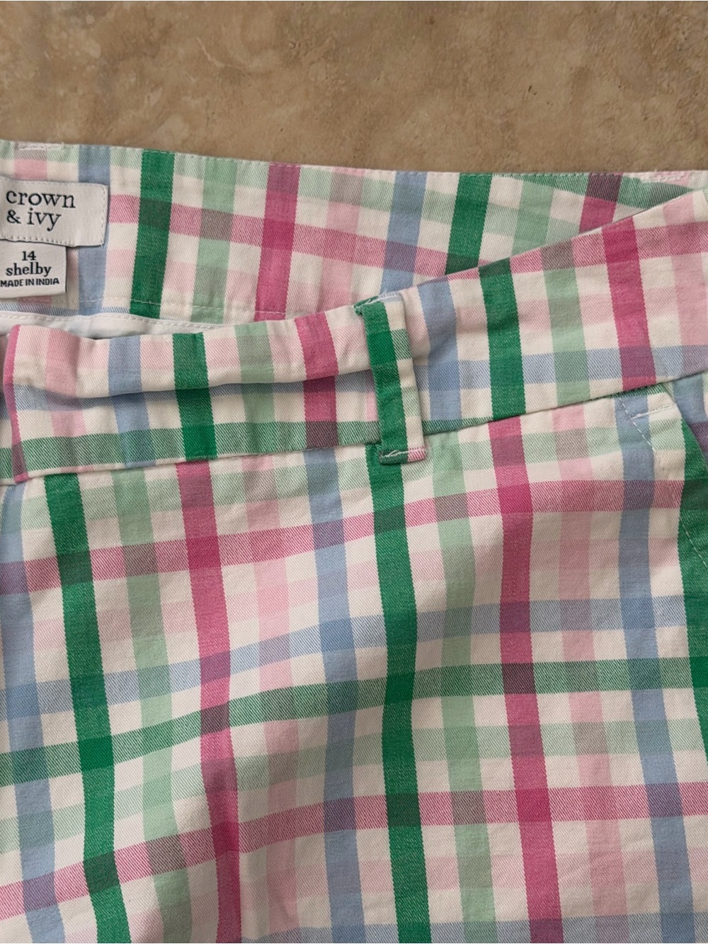 crown & ivy Pastel Plaid Scalloped Hem Shorts - Pink, Green & Blue - Picture 3 of 5